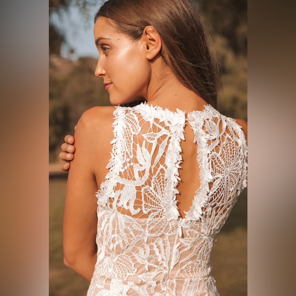 White Crochet Lace Mermaid Maxi Dress Large Boho Wedding Bridal Beach Gown - Picture 5 of 15
